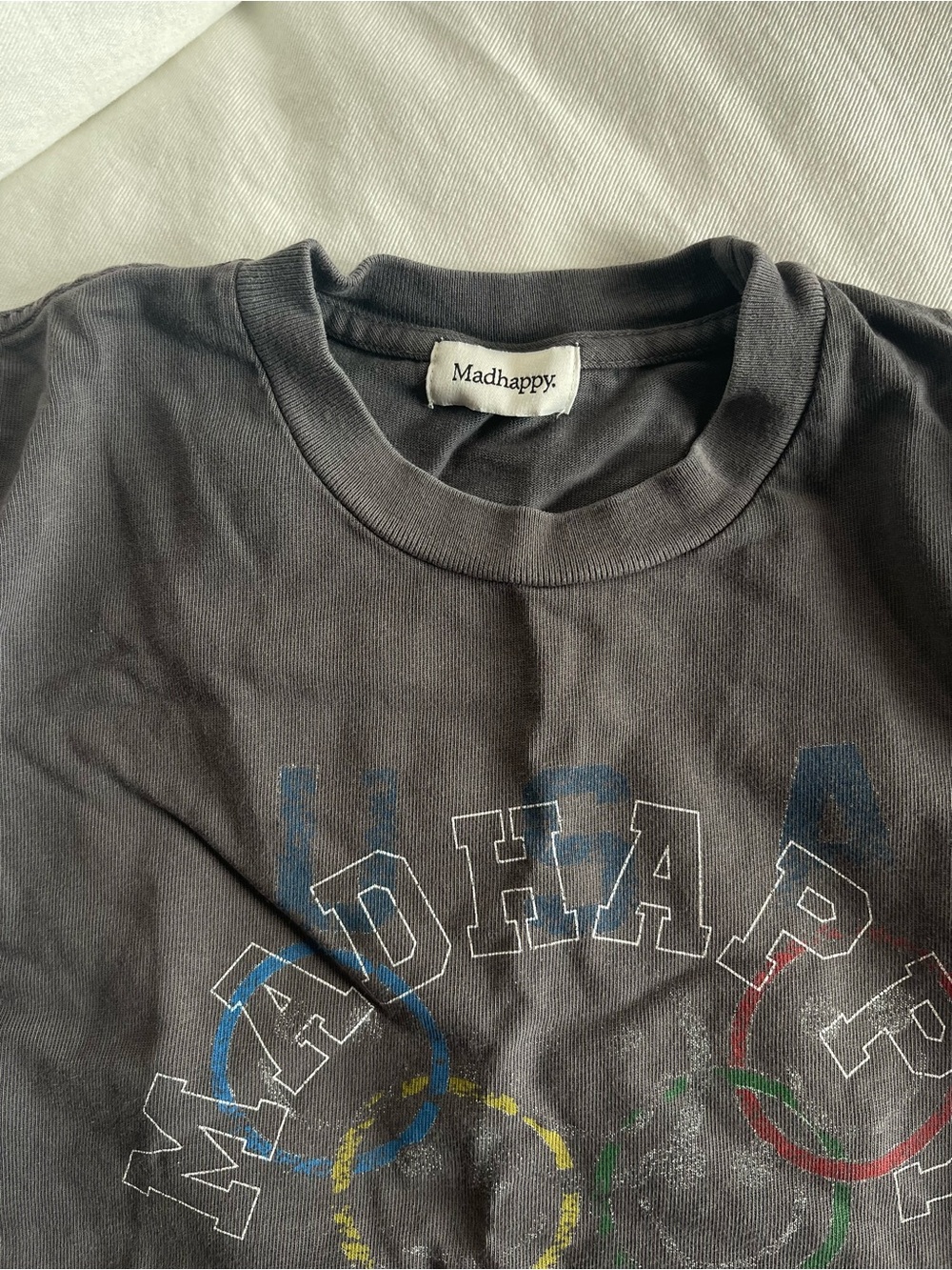 Madhappy Charcoal Gray Short Sleeve Tee with Multicolor Ring Graphic